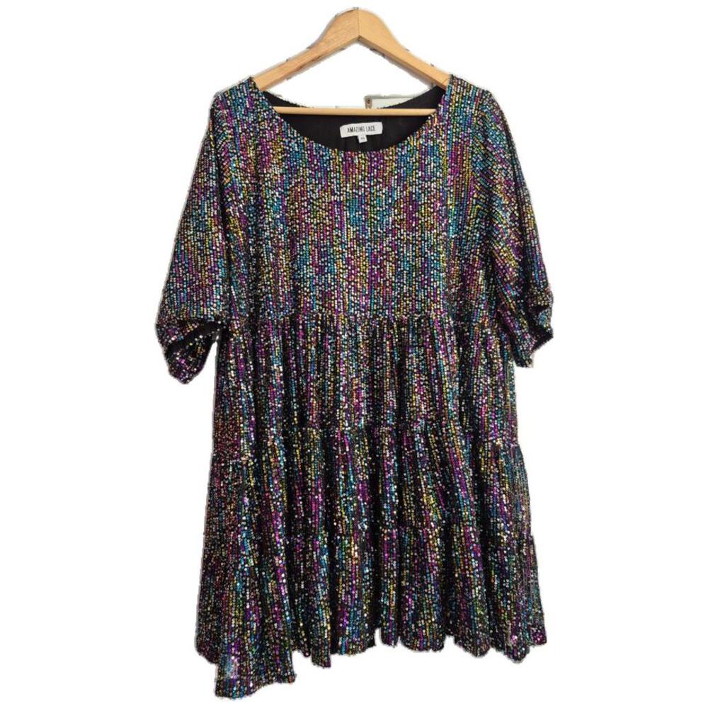 Amazing Lace Short Sleeve Cocktail Evening Dress Black Multi Color Sequin
